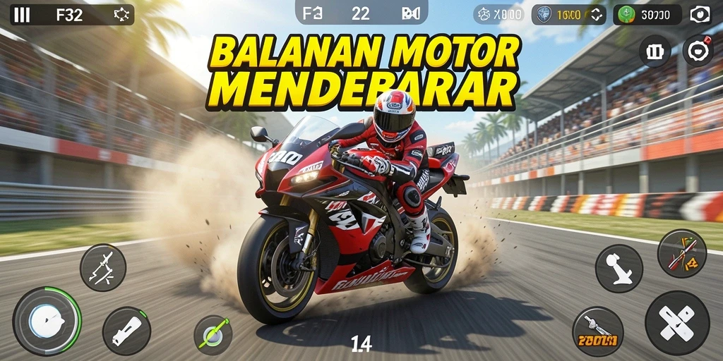 Screenshot gameplay F32 menampilkan aksi balapan motor yang intens.