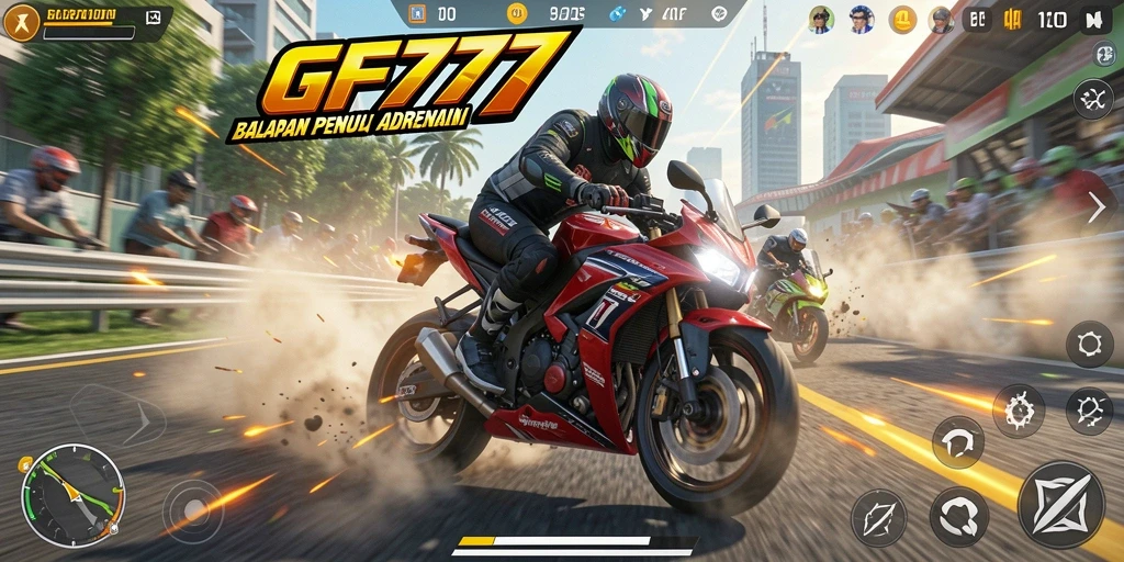 Screenshot GF777 menampilkan aksi balapan motor yang intens.