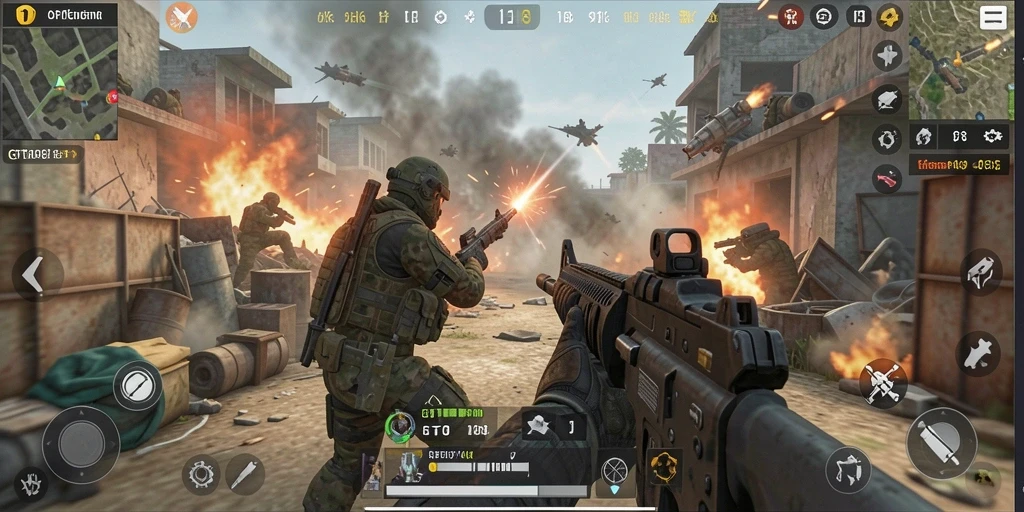 Tangkapan layar gameplay GT108 menampilkan pertempuran intens di medan perang.