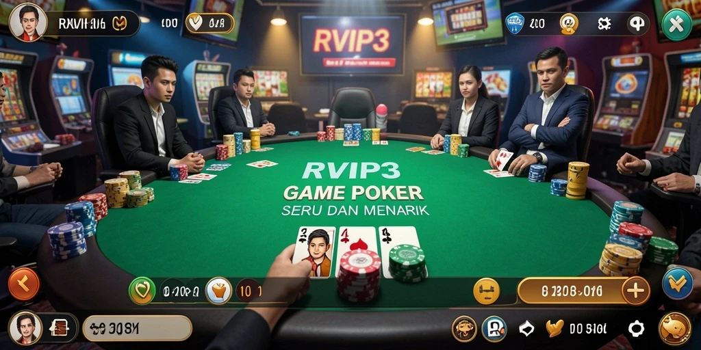 Tampilan gameplay seru RVIP3 dengan aksi poker yang mendebarkan.